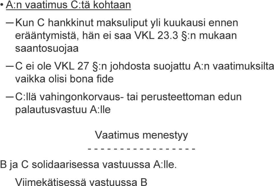 3 :n mukaan saantosuojaa C ei ole VKL 27 :n johdosta suojattu A:n vaatimuksilta vaikka olisi