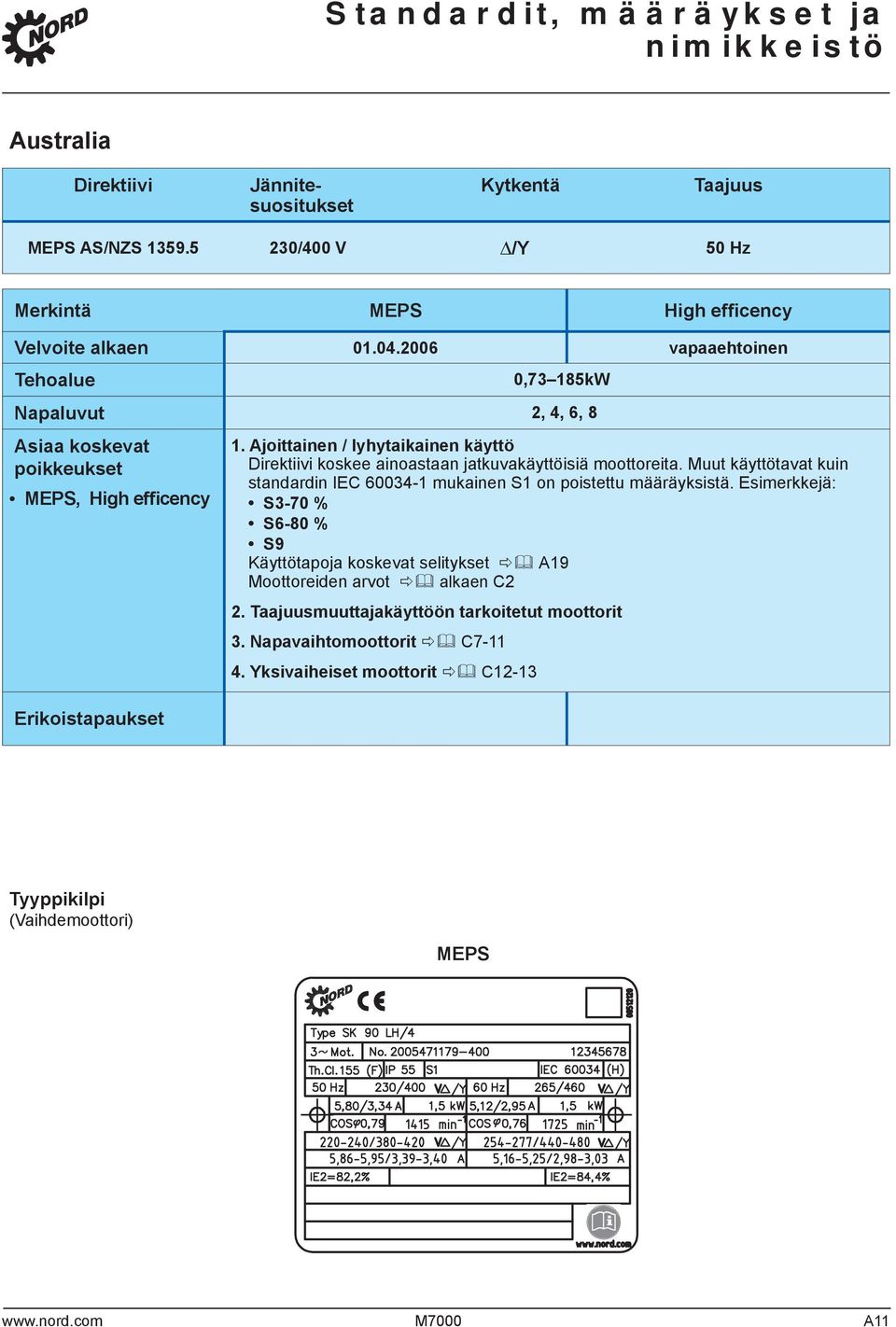 Ajoittainen / lyhytaikainen käyttö Direktiivi koskee ainoastaan jatkuvakäyttöisiä moottoreita. Muut käyttötavat kuin standardin IEC 600341 mukainen S1 on poistettu määräyksistä.