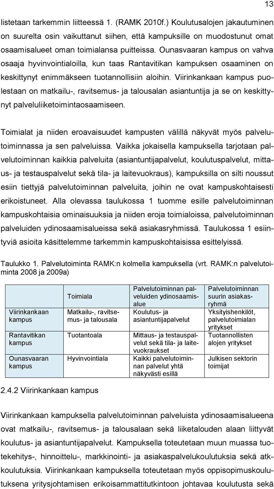 Viirinkankaan kampus puolestaan on matkailu-, ravitsemus- ja talousalan asiantuntija ja se on keskittynyt palveluliiketoimintaosaamiseen.