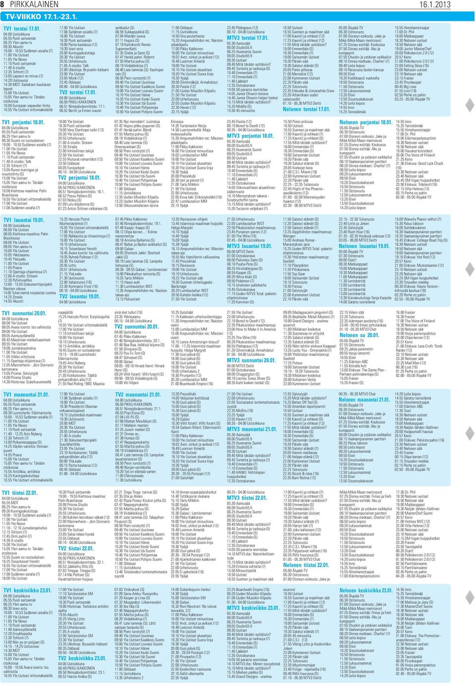 00 Euroopan vapauden hinta TV1 perjantai 18.01. 05.55 Puoli seitsemän 06.25 Ylen aamu-tv 09.30 Suomi on ruotsalainen 10.00-10.53 Sydämen asialla (7) 11.05 Yle News 11.10 Puoli seitsemän 11.