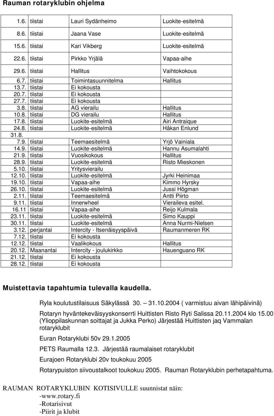 8. tiistai Luokite-esitelmä Airi Antraique 24.8. tiistai Luokite-esitelmä Håkan Enlund 31.8. 7.9. tiistai Teemaesitelmä Yrjö Vainiala 14.9. tiistai Luokite-esitelmä Hannu Asumalahti 21.9. tiistai Vuosikokous Hallitus 28.