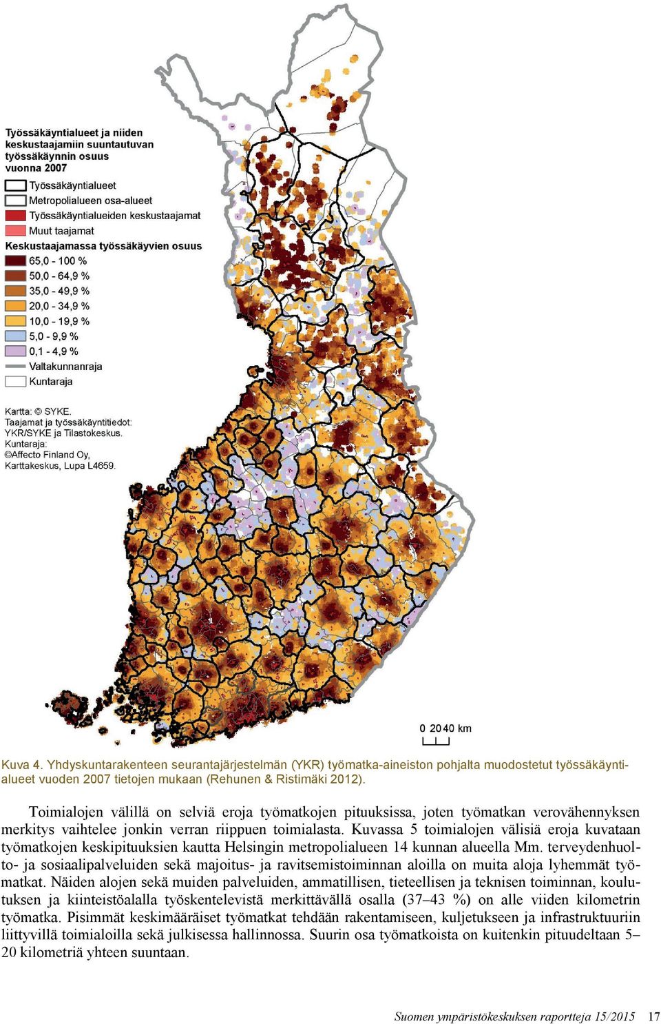 Kuvassa 5 toimialojen välisiä eroja kuvataan työmatkojen keskipituuksien kautta Helsingin metropolialueen 14 kunnan alueella Mm.