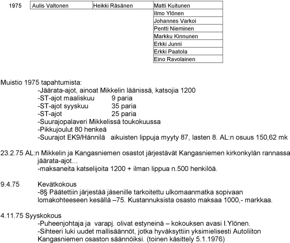 myyty 87, lasten 8. AL:n osuus 150,62 mk 23.2.75 AL:n Mikkelin ja Kangasniemen osastot järjestävät Kangasniemen kirkonkylän rannassa jäärata-ajot -maksaneita katselijoita 1200 + ilman lippua n.