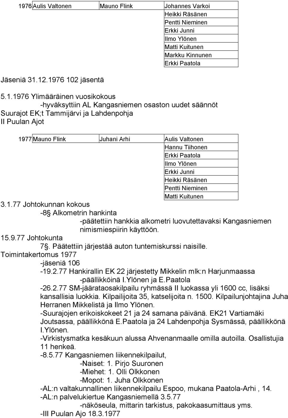 Räsänen Pentti Nieminen Matti Kuitunen 3.1.77 Johtokunnan kokous -8 Alkometrin hankinta -päätettiin hankkia alkometri luovutettavaksi Kangasniemen nimismiespiirin käyttöön. 15.9.77 Johtokunta 7.