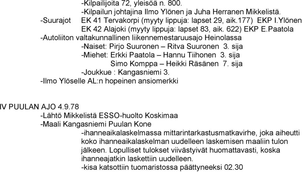 sija -Miehet: Hannu Tiihonen 3. sija Simo Komppa Heikki Räsänen 7. sija -Joukkue : Kangasniemi 3. -Ilmo Ylöselle AL:n hopeinen ansiomerkki IV PUULAN AJO 4.9.