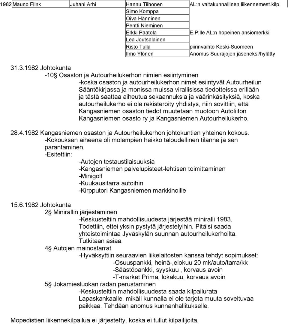 .3.1982 Johtokunta -10 Osaston ja Autourheilukerhon nimien esiintyminen -koska osaston ja autourheilukerhon nimet esiintyvät Autourheilun Sääntökirjassa ja monissa muissa virallisissa tiedotteissa