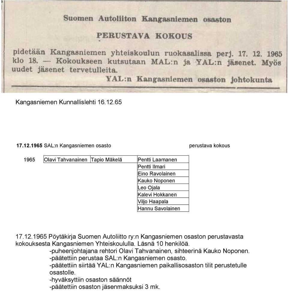 1965 SAL:n Kangasniemen osasto perustava kokous 1965 Olavi Tahvanainen Tapio Mäkelä Pentti Laamanen Pentti Ilmari Eino Ravolainen Kauko Noponen Leo Ojala Kalevi