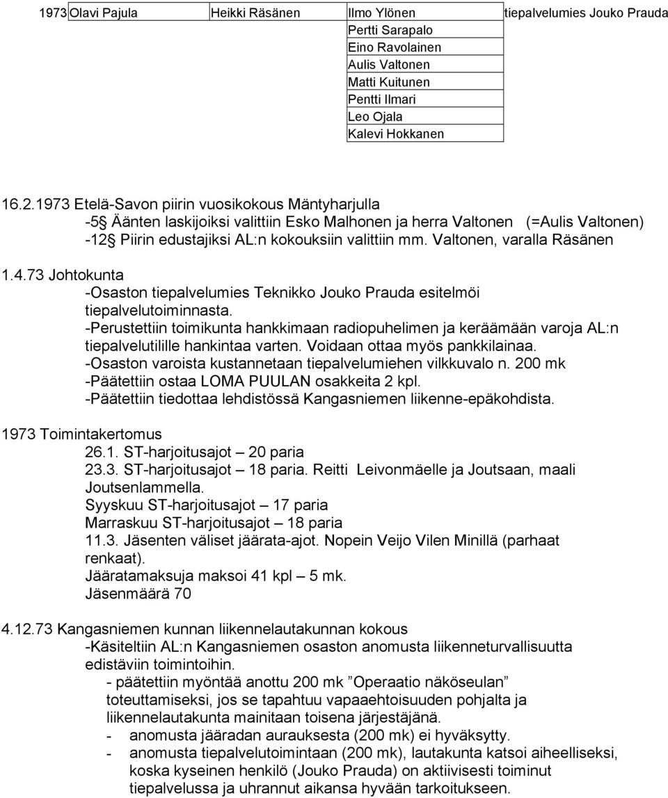 Valtonen, varalla Räsänen 1.4.73 Johtokunta -Osaston tiepalvelumies Teknikko Jouko Prauda esitelmöi tiepalvelutoiminnasta.