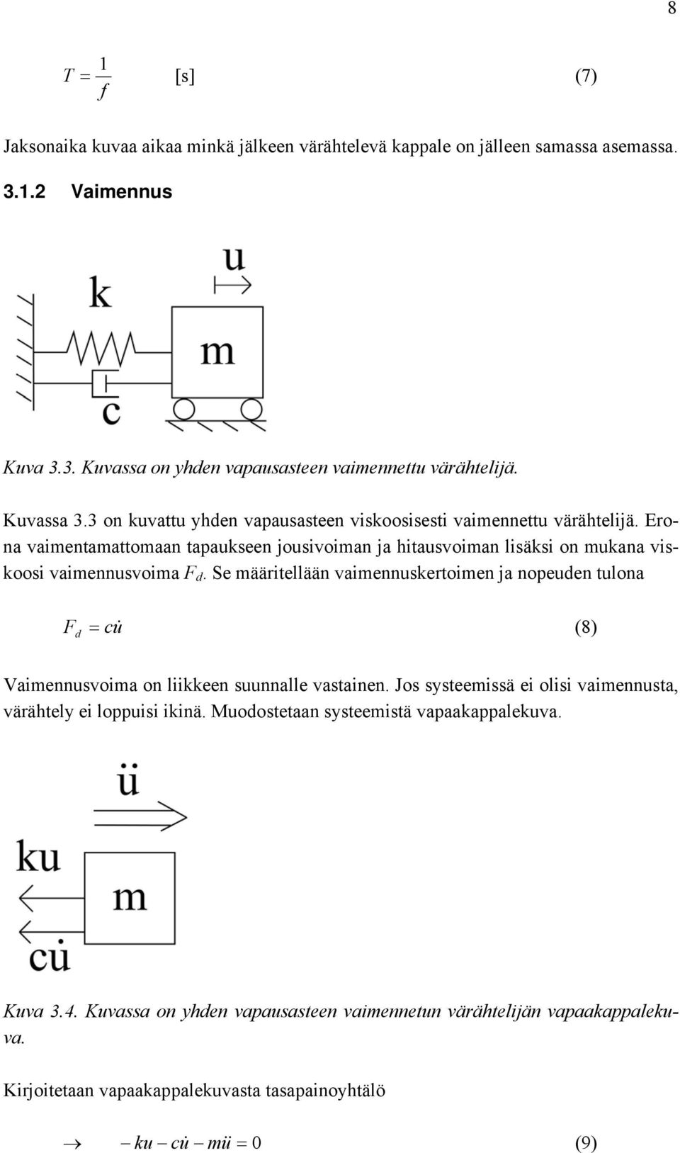 Erona vaimentamattomaan tapaukseen jousivoiman ja hitausvoiman lisäksi on mukana viskoosi vaimennusvoima F d.