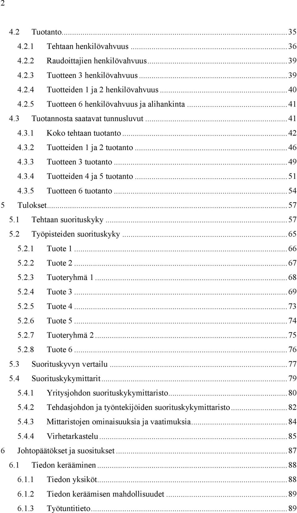 .. 54 5 Tulokset... 57 5.1 Tehtaan suorituskyky... 57 5.2 Työpisteiden suorituskyky... 65 5.2.1 Tuote 1... 66 5.2.2 Tuote 2... 67 5.2.3 Tuoteryhmä 1... 68 5.2.4 Tuote 3... 69 5.2.5 Tuote 4... 73 5.2.6 Tuote 5.