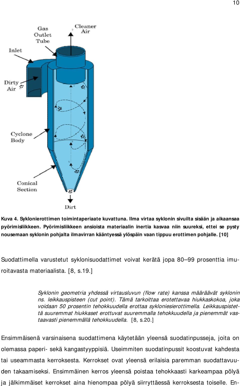 [10] Suodattimella varustetut syklonisuodattimet voivat kerätä jopa 80 99 prosenttia imuroitavasta materiaalista. [8, s.19.