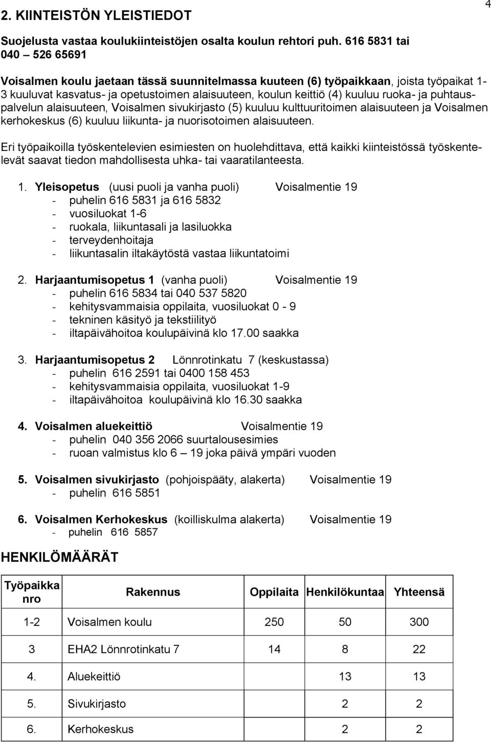 ja puhtauspalvelun alaisuuteen, Voisalmen sivukirjasto (5) kuuluu kulttuuritoimen alaisuuteen ja Voisalmen kerhokeskus (6) kuuluu liikunta- ja nuorisotoimen alaisuuteen.