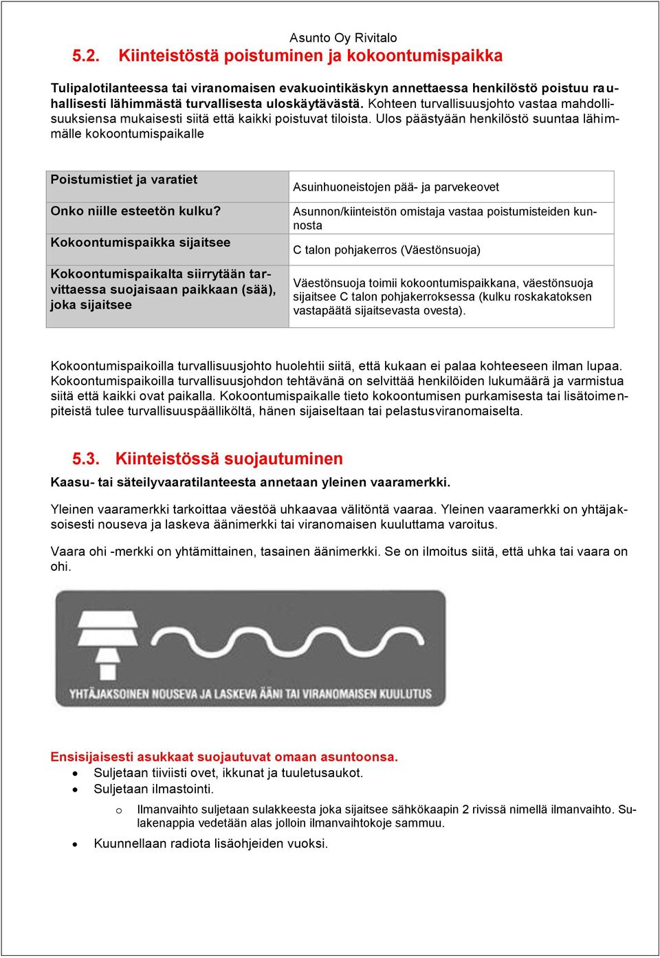 Ulos päästyään henkilöstö suuntaa lähimmälle kokoontumispaikalle Poistumistiet ja varatiet Onko niille esteetön kulku?