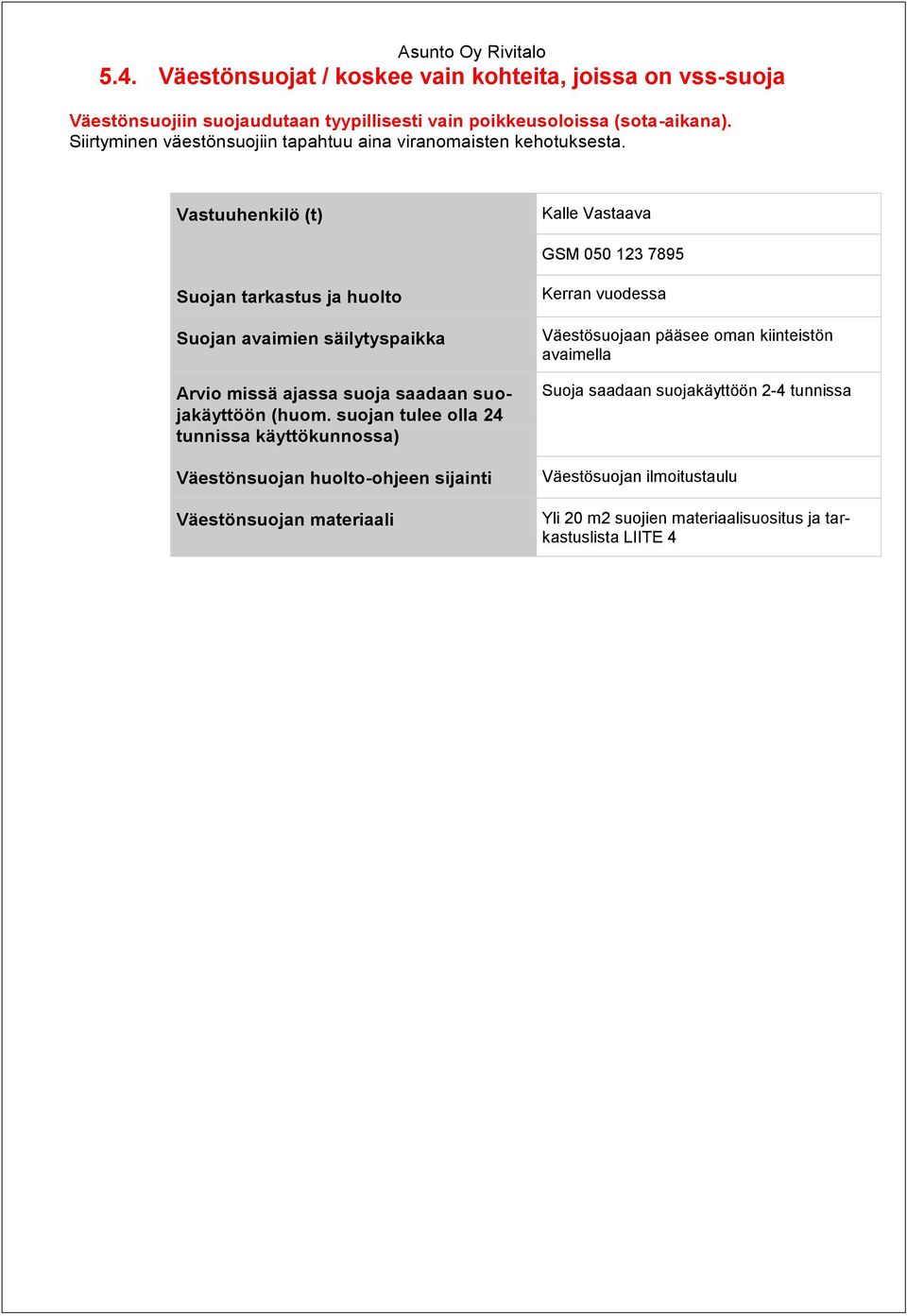 Vastuuhenkilö (t) Kalle Vastaava GSM 050 123 7895 Suojan tarkastus ja huolto Suojan avaimien säilytyspaikka Arvio missä ajassa suoja saadaan suojakäyttöön (huom.