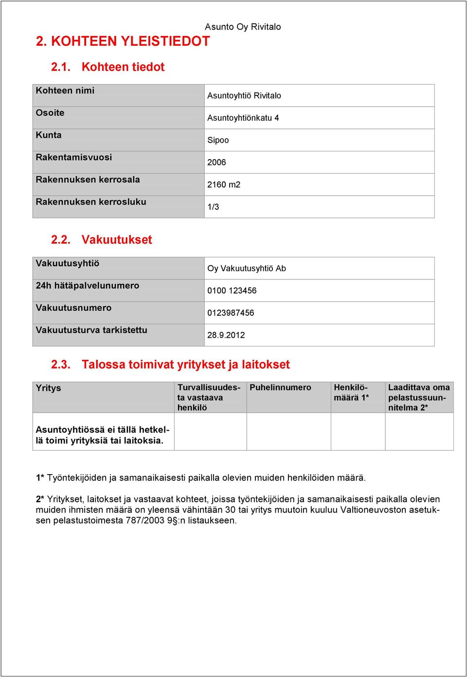 Talossa toimivat yritykset ja laitokset Yritys Turvallisuudesta vastaava henkilö Puhelinnumero Henkilömäärä 1* Laadittava oma pelastussuunnitelma 2* Asuntoyhtiössä ei tällä hetkellä toimi yrityksiä