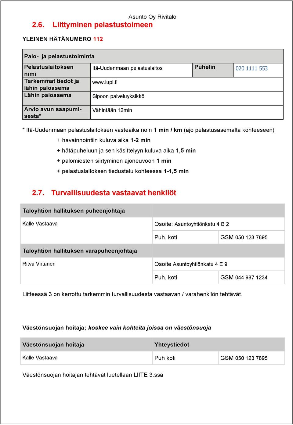 havainnointiin kuluva aika 1-2 min + hätäpuheluun ja sen käsittelyyn kuluva aika 1,5 min + palomiesten siirtyminen ajoneuvoon 1 min + pelastuslaitoksen tiedustelu kohteessa 1-1,5 min 2.7.