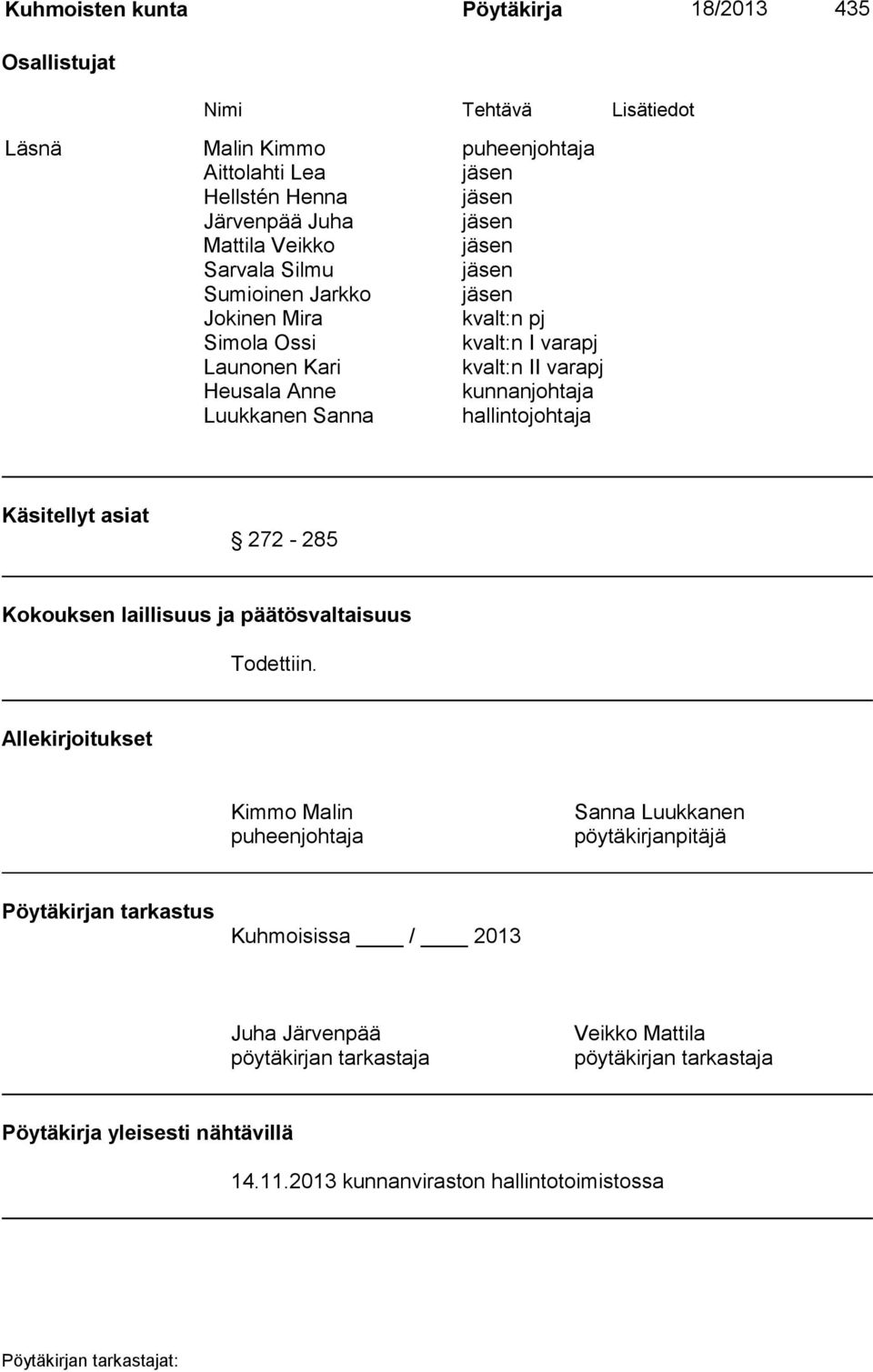 Sanna hallintojohtaja Käsitellyt asiat 272-285 Kokouksen laillisuus ja päätösvaltaisuus Todettiin.