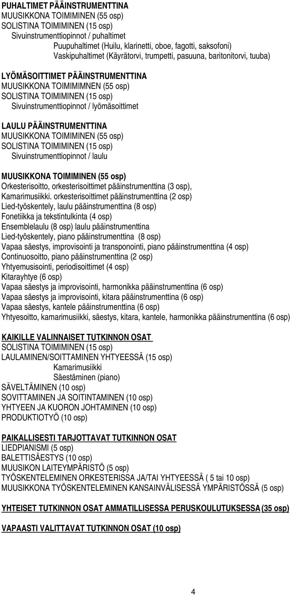 lyömäsoittimet LAULU PÄÄINSTRUMENTTINA MUUSIKKONA TOIMIMINEN (55 osp) SOLISTINA TOIMIMINEN (15 osp) Sivuinstrumenttiopinnot / laulu MUUSIKKONA TOIMIMINEN (55 osp) Orkesterisoitto, orkesterisoittimet