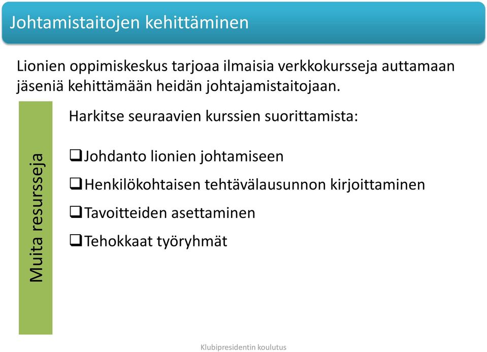 Harkitse seuraavien kurssien suorittamista: Johdanto lionien johtamiseen