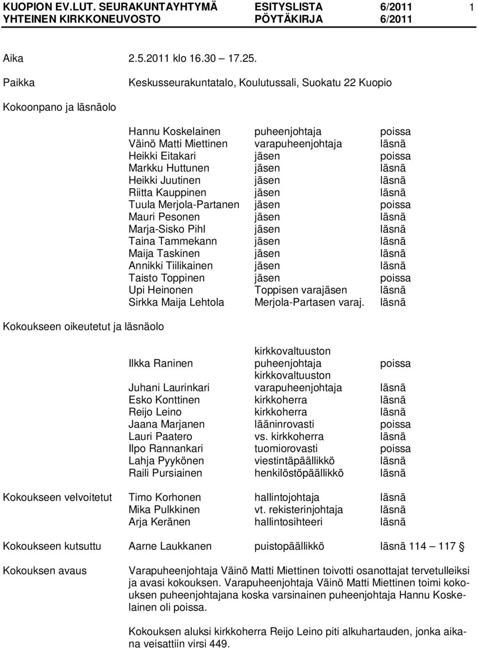 läsnä Heikki Eitakari jäsen poissa Markku Huttunen jäsen läsnä Heikki Juutinen jäsen läsnä Riitta Kauppinen jäsen läsnä Tuula Merjola-Partanen jäsen poissa Mauri Pesonen jäsen läsnä Marja-Sisko Pihl