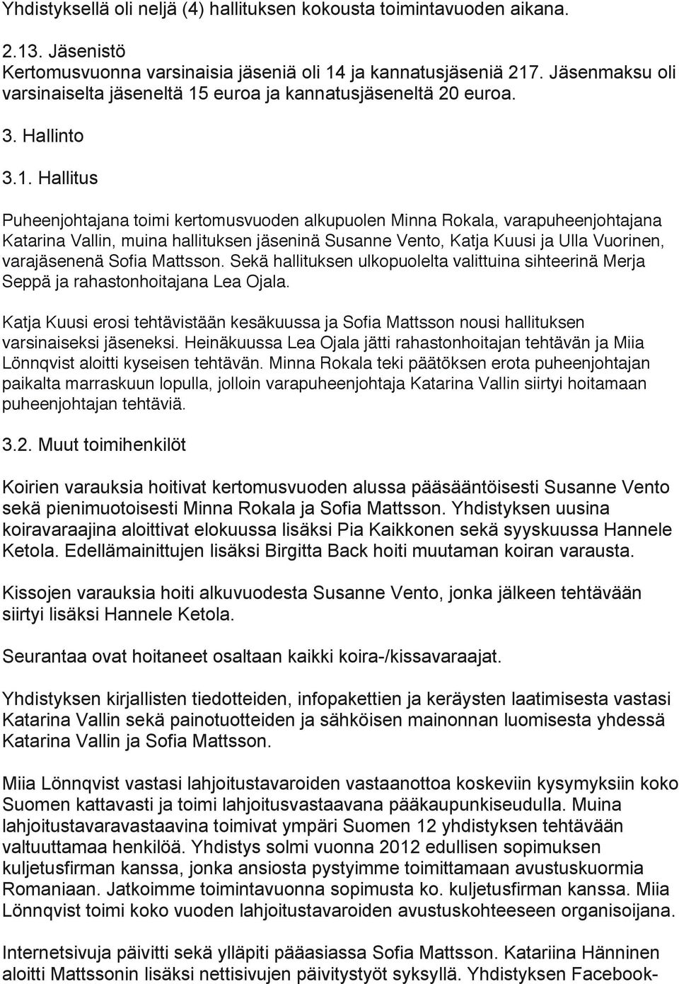 euroa ja kannatusjäseneltä 20 euroa. 3. Hallinto 3.1.