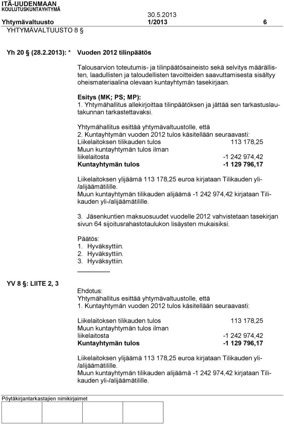 (28.2.2013): * Vuoden 2012 tilinpäätös Talousarvion toteutumis- ja tilinpäätösaineisto sekä selvitys määrällisten, laadullisten ja taloudellisten tavoitteiden saavuttamisesta sisältyy