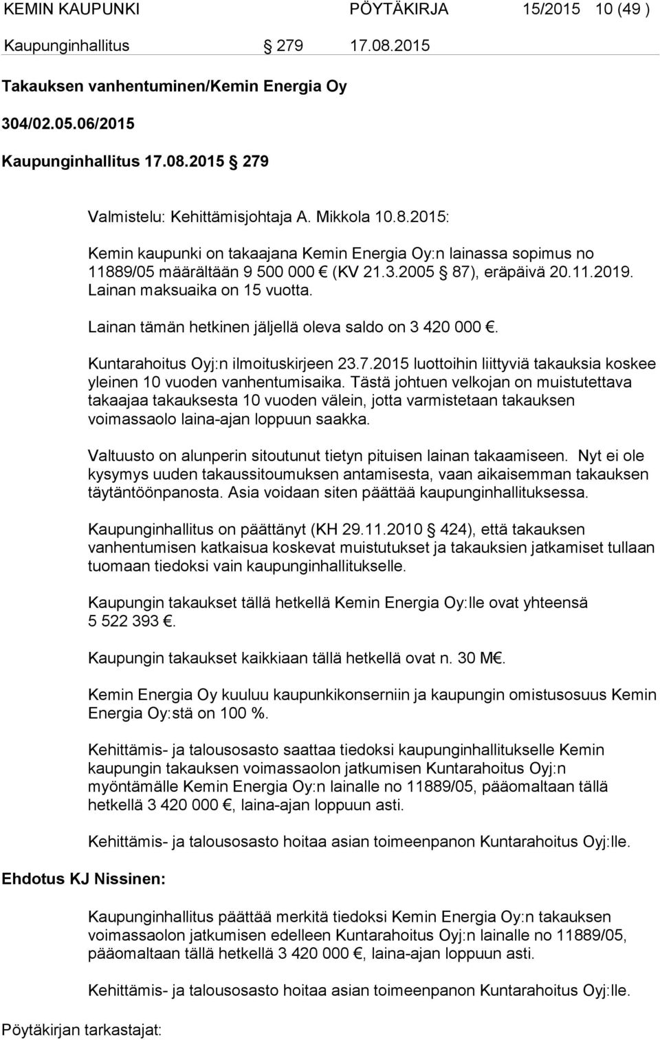 Lainan tämän hetkinen jäljellä oleva saldo on 3 420 000. Kuntarahoitus Oyj:n ilmoituskirjeen 23.7.2015 luottoihin liittyviä takauksia koskee yleinen 10 vuoden vanhentumisaika.