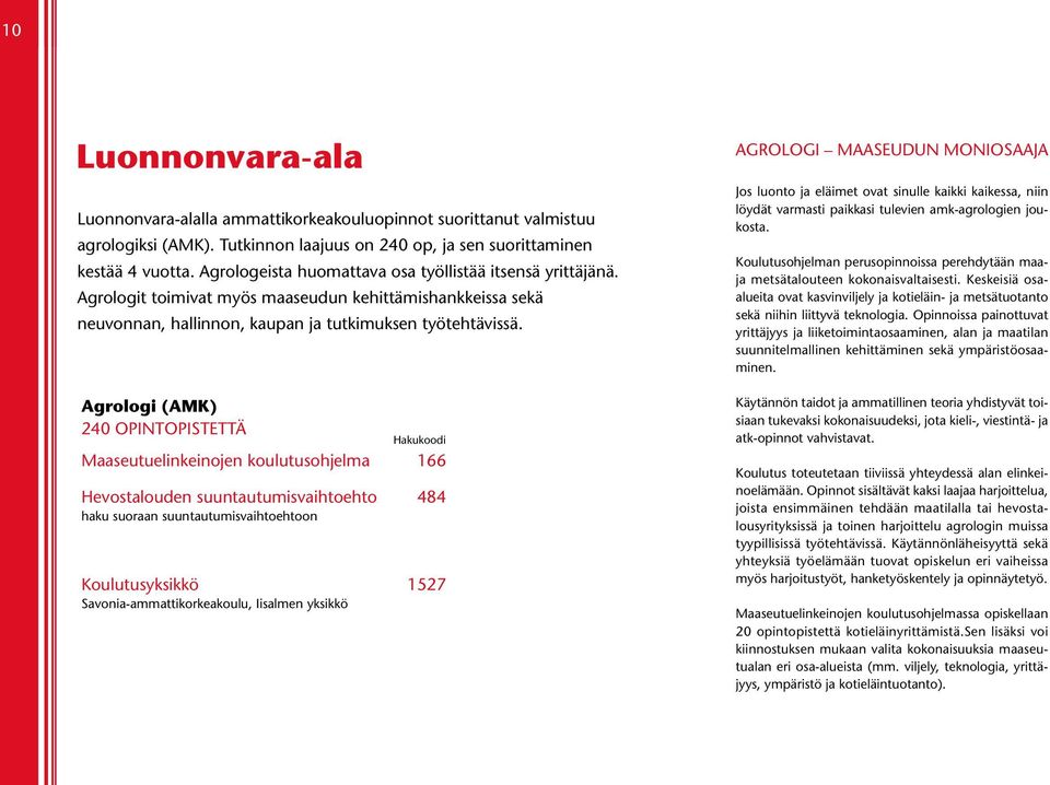 Agrologi (AMK) 240 opintopistettä Hakukoodi Maaseutuelinkeinojen koulutusohjelma 166 Hevostalouden suuntautumisvaihtoehto 484 haku suoraan suuntautumisvaihtoehtoon Koulutusyksikkö 1527