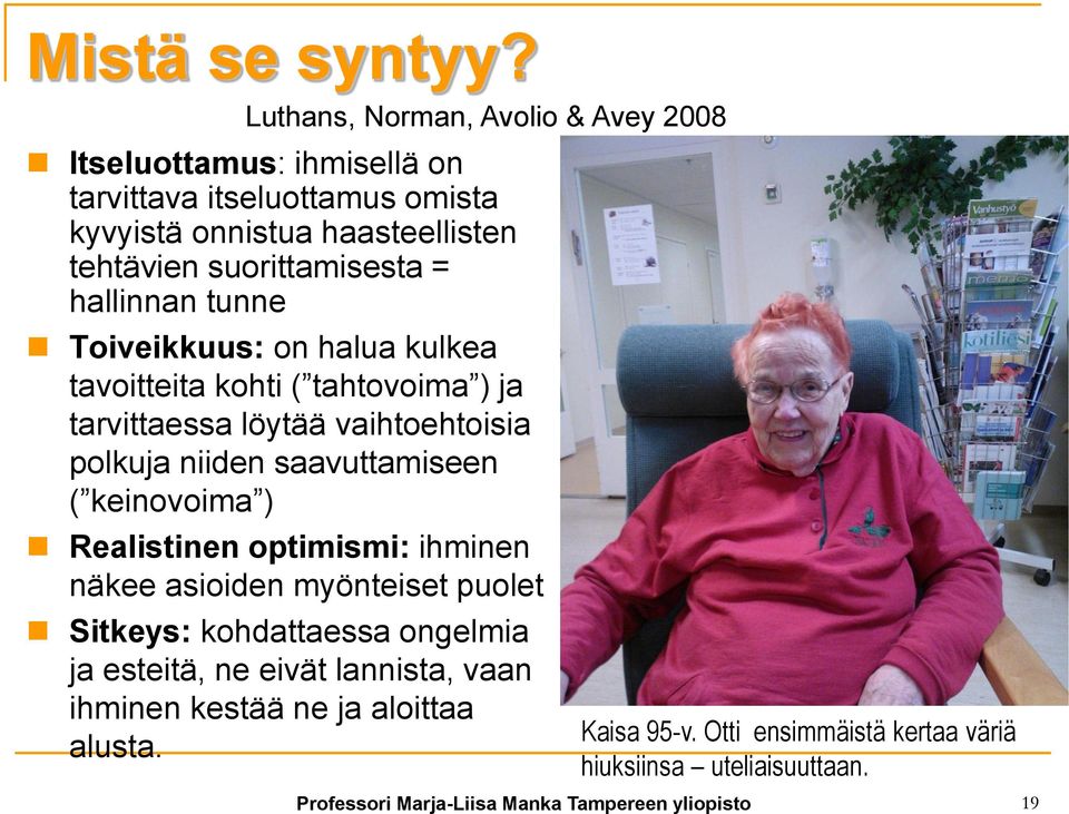 hallinnan tunne Toiveikkuus: on halua kulkea tavoitteita kohti ( tahtovoima ) ja tarvittaessa löytää vaihtoehtoisia polkuja niiden saavuttamiseen (