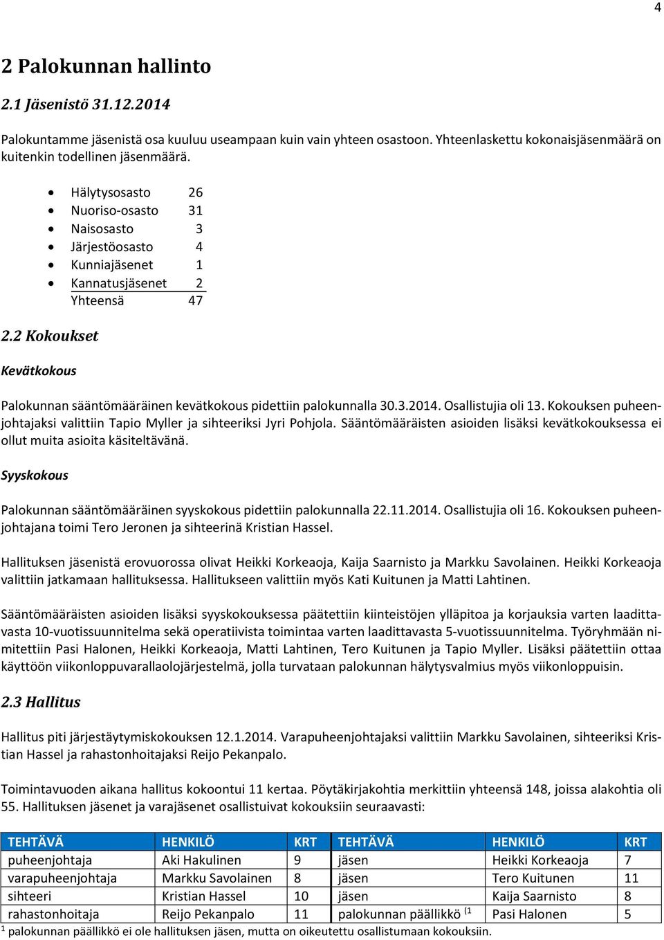 2 Kokoukset Kevätkokous Palokunnan sääntömääräinen kevätkokous pidettiin palokunnalla 30.3.2014. Osallistujia oli 13. Kokouksen puheenjohtajaksi valittiin Tapio Myller ja sihteeriksi Jyri Pohjola.