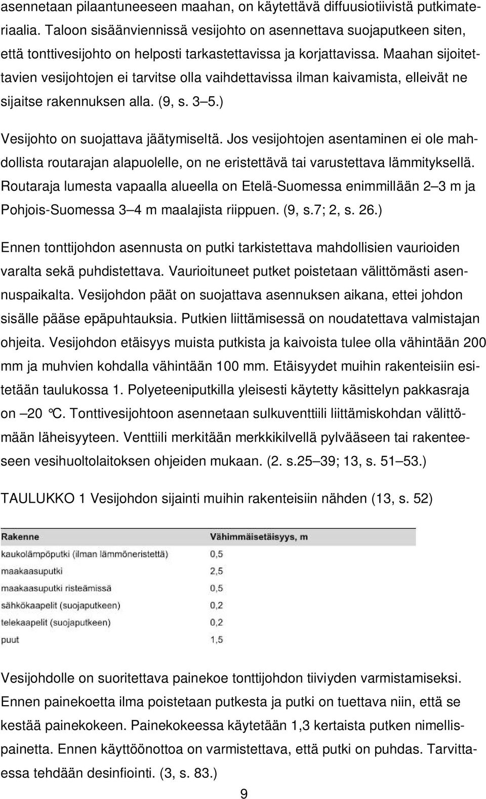 Maahan sijoitettavien vesijohtojen ei tarvitse olla vaihdettavissa ilman kaivamista, elleivät ne sijaitse rakennuksen alla. (9, s. 3 5.) Vesijohto on suojattava jäätymiseltä.