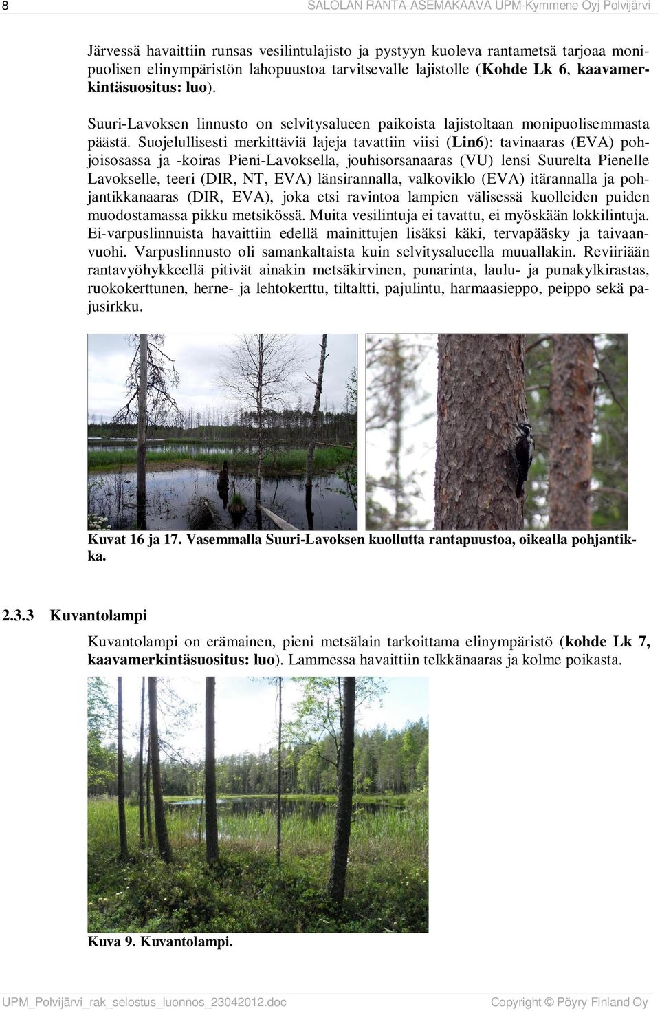 Suojelullisesti merkittäviä lajeja tavattiin viisi (Lin6): tavinaaras (EVA) pohjoisosassa ja -koiras Pieni-Lavoksella, jouhisorsanaaras (VU) lensi Suurelta Pienelle Lavokselle, teeri (DIR, NT, EVA)