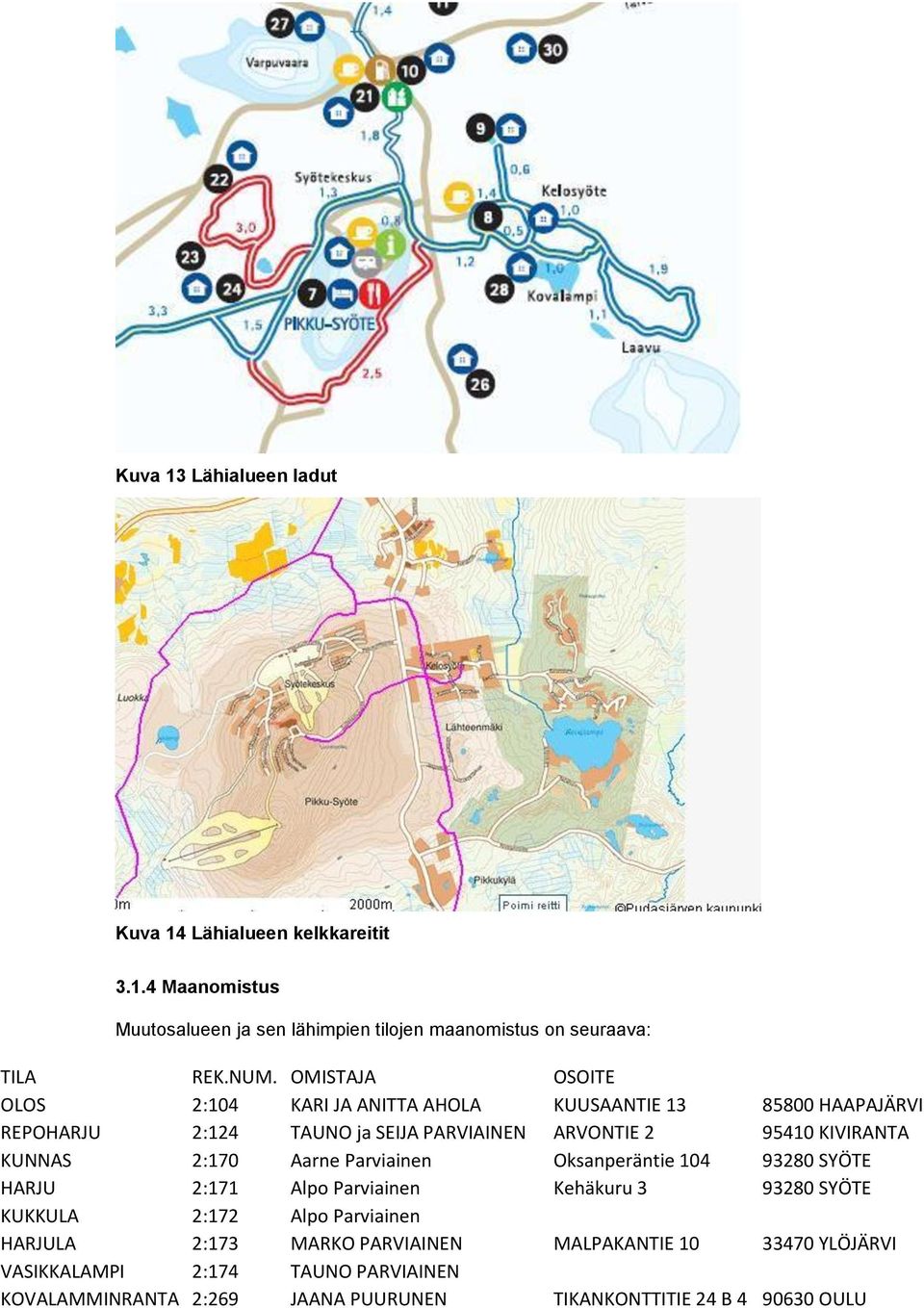 KUNNAS 2:170 Aarne Parviainen Oksanperäntie 104 93280 SYÖTE HARJU 2:171 Alpo Parviainen Kehäkuru 3 93280 SYÖTE KUKKULA 2:172 Alpo Parviainen HARJULA