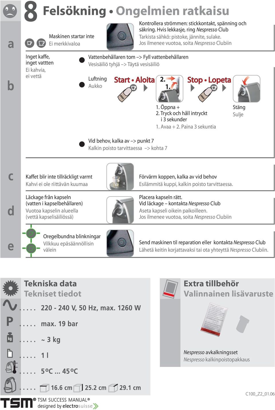 Jos ilmenee vuotoa, soita Nespresso Clubiin Inget kaffe, inget vattten Ei kahvia, ei vettä Vattenbehållaren tom > Fyll vattenbehållaren Vesisäiliö tyhjä > Täytä vesisäiliö Luftning Aukko Start Aloita