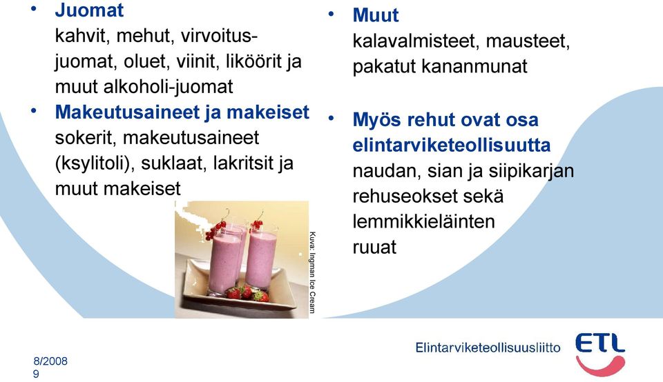 makeiset Kuva: Ingman Ice Cream Muut kalavalmisteet, mausteet, pakatut kananmunat Myös rehut