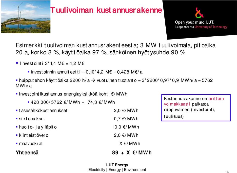 MWh/a investointikustannus energiayksikköä kohti /MWh 428 000/5762 /MWh = 74,3 /MWh tasesähkökustannukset 2,0 /MWh siirtomaksut 0,7 /MWh Kustannusrakenne on