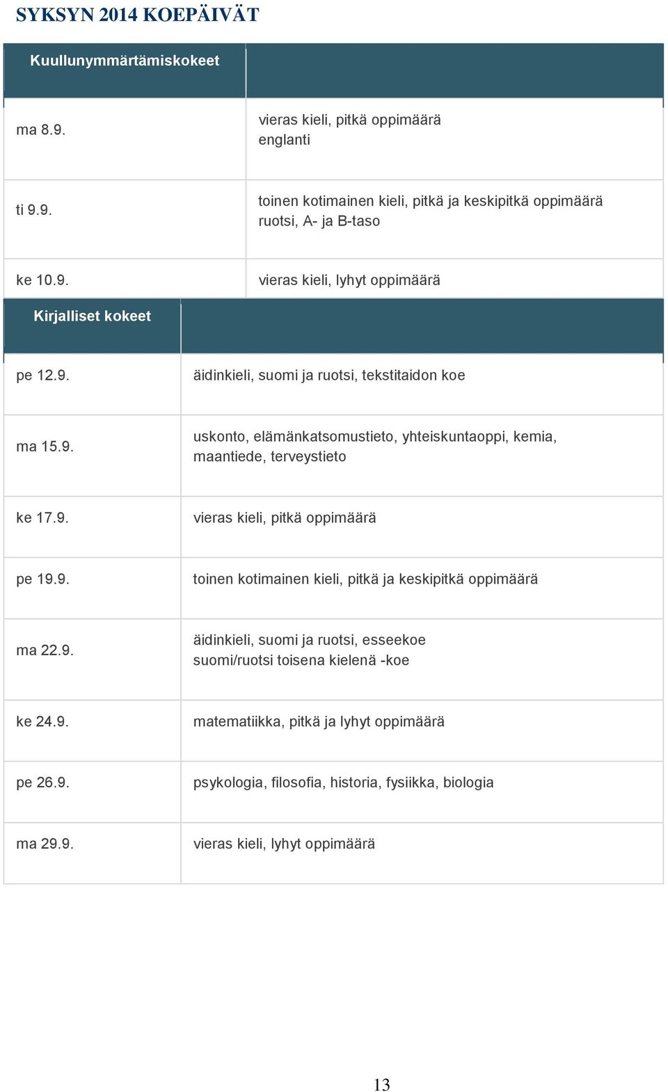 9. vieras kieli, pitkä oppimäärä pe 19.9. toinen kotimainen kieli, pitkä ja keskipitkä oppimäärä ma 22.9. äidinkieli, suomi ja ruotsi, esseekoe suomi/ruotsi toisena kielenä -koe ke 24.