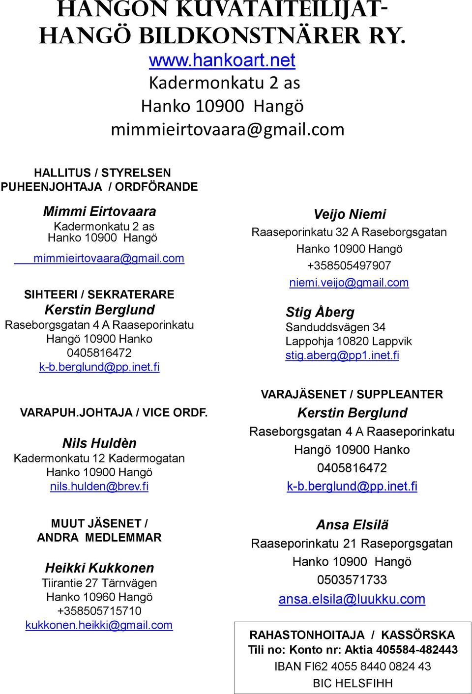 com SIHTEERI / SEKRATERARE Kerstin Berglund Raseborgsgatan 4 A Raaseporinkatu Hangö 10900 Hanko 0405816472 k-b.berglund@pp.inet.fi VARAPUH.JOHTAJA / VICE ORDF.