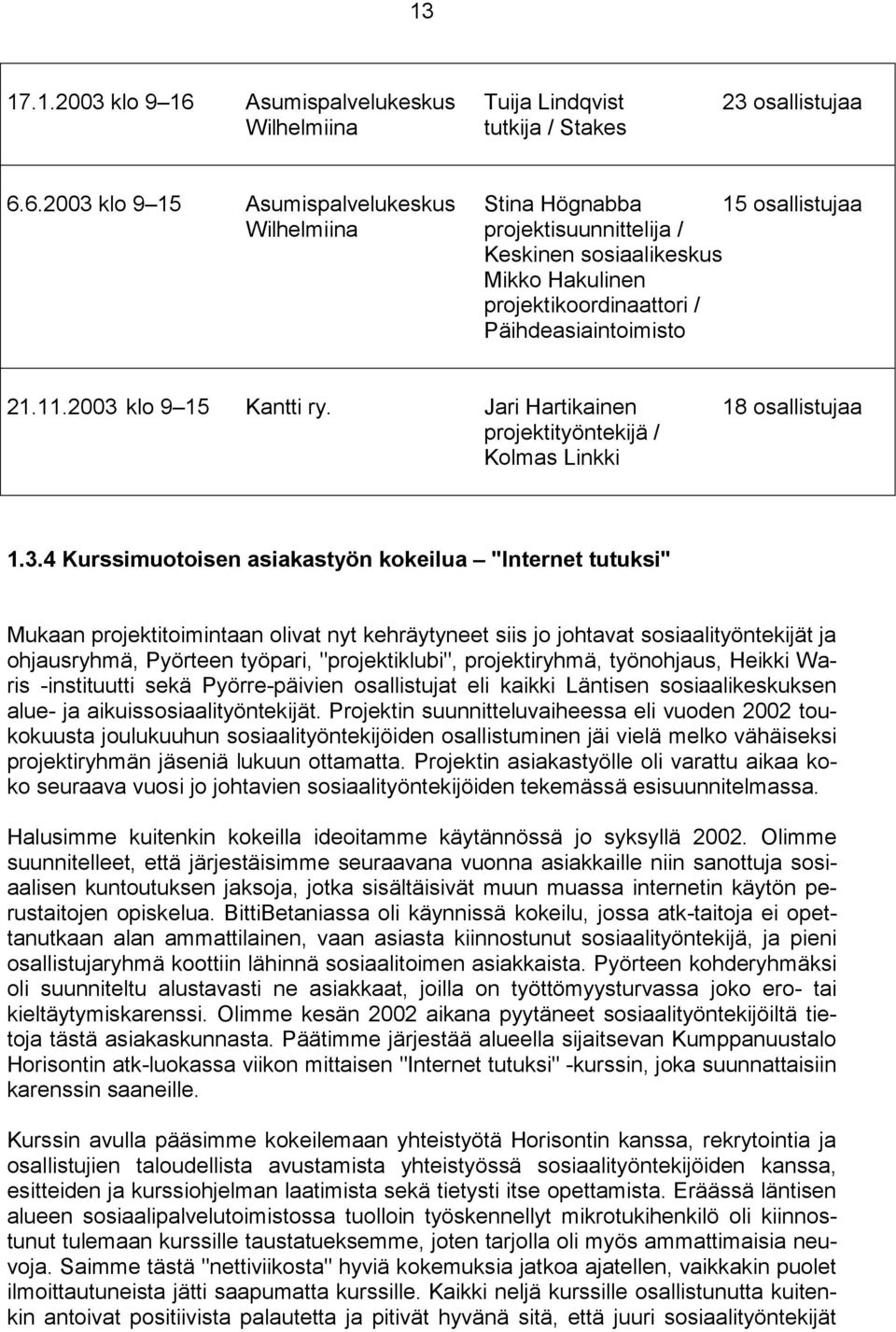 6.2003 klo 9 15 Asumispalvelukeskus Stina Högnabba 15 osallistujaa Wilhelmiina projektisuunnittelija / Keskinen sosiaalikeskus Mikko Hakulinen projektikoordinaattori / Päihdeasiaintoimisto 21.11.