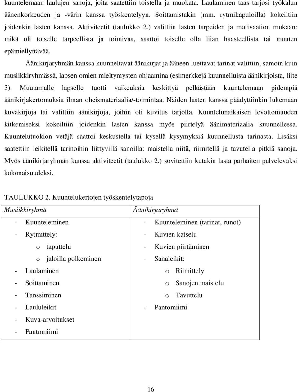 ) valittiin lasten tarpeiden ja motivaation mukaan: mikä oli toiselle tarpeellista ja toimivaa, saattoi toiselle olla liian haasteellista tai muuten epämiellyttävää.