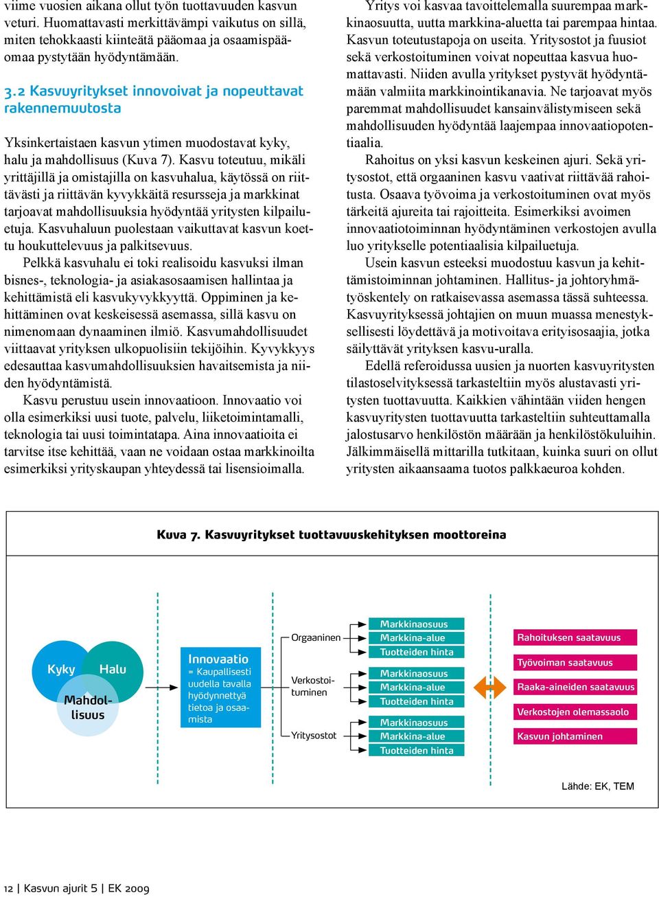 Kasvu toteutuu, mikäli yrittäjillä ja omistajilla on kasvuhalua, käytössä on riittävästi ja riittävän kyvykkäitä resursseja ja markkinat tarjoavat mahdollisuuksia hyödyntää yritysten kilpailuetuja.