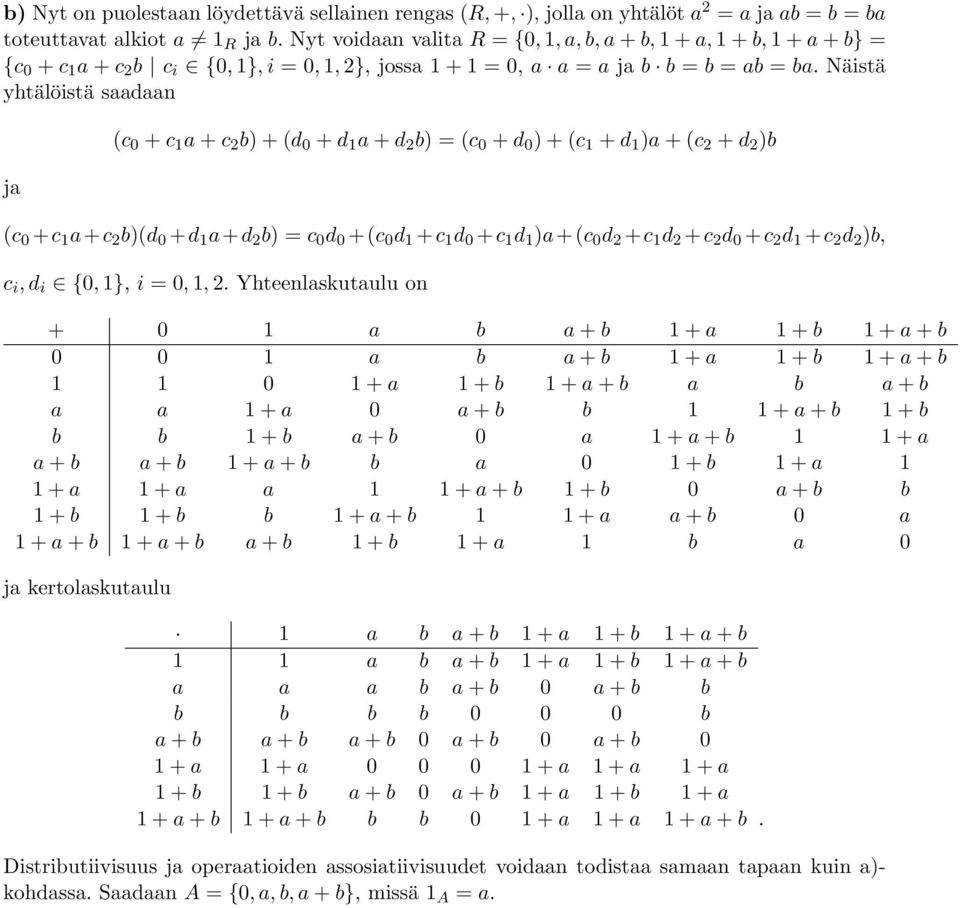 Näistä yhtälöistä saadaan ja (c 0 + c 1 a + c 2 b + (d 0 + d 1 a + d 2 b = (c 0 + d 0 + (c 1 + d 1 a + (c 2 + d 2 b (c 0 +c 1 a+c 2 b(d 0 +d 1 a+d 2 b = c 0 d 0 +(c 0 d 1 +c 1 d 0 +c 1 d 1 a+(c 0 d 2