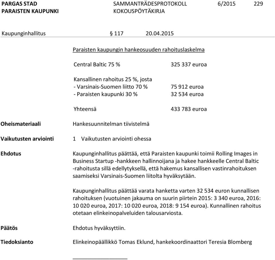 euroa Yhteensä 433 783 euroa Oheismateriaali Hankesuunnitelman tiivistelmä Vaikutusten arviointi 1 Vaikutusten arviointi ohessa Ehdotus Kaupunginhallitus päättää, että Paraisten kaupunki toimii