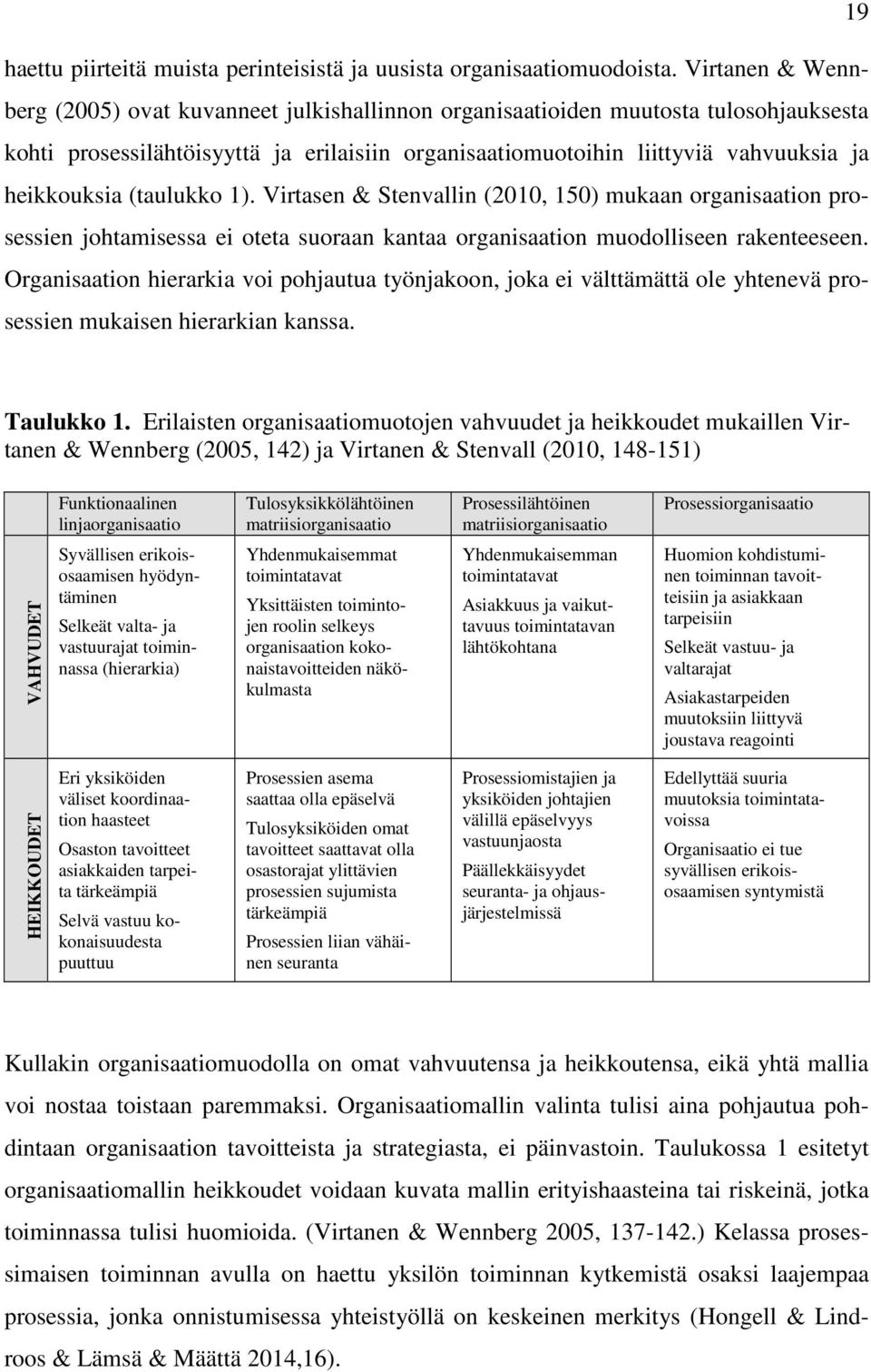 (taulukko 1). Virtasen & Stenvallin (2010, 150) mukaan organisaation prosessien johtamisessa ei oteta suoraan kantaa organisaation muodolliseen rakenteeseen.