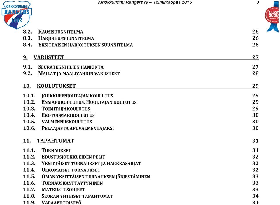 EROTUOMARIKOULUTUS 30 10.5. VALMENNUSKOULUTUS 30 10.6. PELAAJASTA APUVALMENTAJAKSI 30 11. TAPAHTUMAT 31 11.1. TURNAUKSET 31 11.2. EDUSTUSJOUKKUEIDEN PELIT 32 11.3. YKSITTÄISET TURNAUKSET JA HARKKASARJAT 32 11.