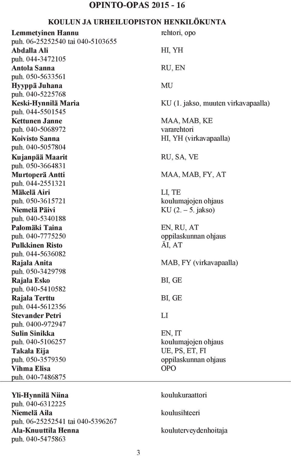 040-5068972 vararehtori Koivisto Sanna HI, YH (virkavapaalla) puh. 040-5057804 Kujanpää Maarit RU, SA, VE puh. 050-3664831 Murtoperä Antti MAA, MAB, FY, AT puh. 044-2551321 Mäkelä Airi LI, TE puh.