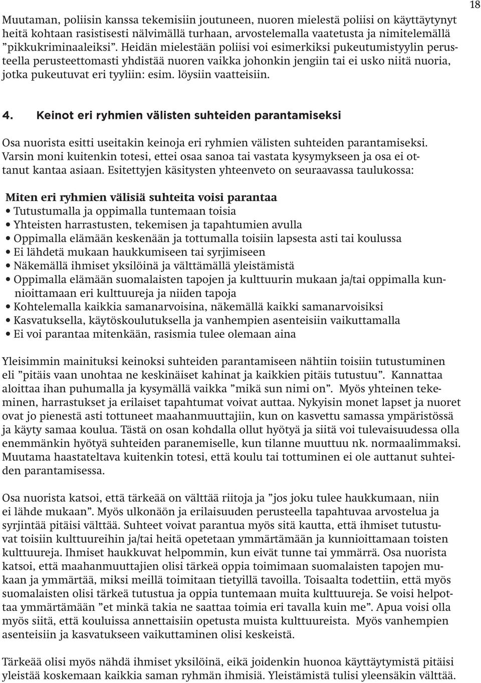 löysiin vaatteisiin. 18 4. Keinot eri ryhmien välisten suhteiden parantamiseksi Osa nuorista esitti useitakin keinoja eri ryhmien välisten suhteiden parantamiseksi.