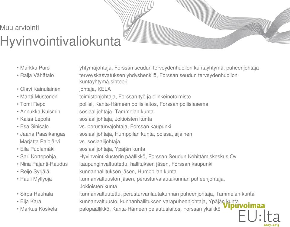 terveyskasvatuksen yhdyshenkilö, Forssan seudun terveydenhuollon kuntayhtymä,sihteeri johtaja, KELA toimistonjohtaja, Forssan työ ja elinkeinotoimisto poliisi, Kanta-Hämeen poliisilaitos, Forssan