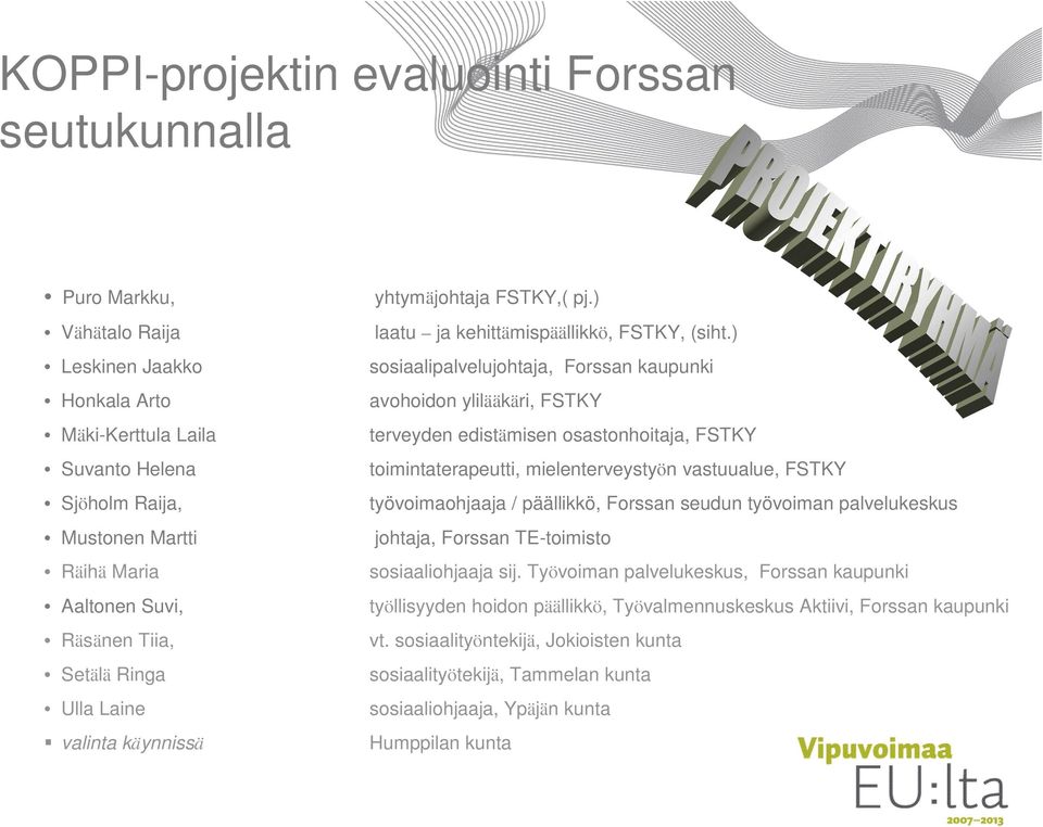 ) sosiaalipalvelujohtaja, Forssan kaupunki avohoidon ylilääkäri, FSTKY terveyden edistämisen osastonhoitaja, FSTKY toimintaterapeutti, mielenterveystyön vastuualue, FSTKY työvoimaohjaaja / päällikkö,