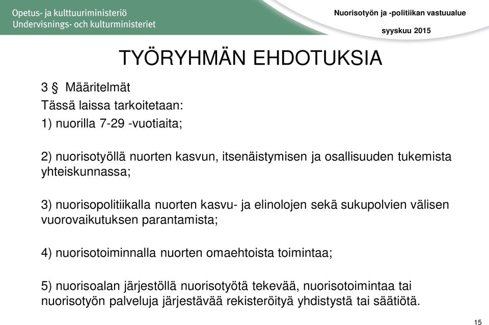 sekä sukupolvien välisen vuorovaikutuksen parantamista; 4) nuorisotoiminnalla nuorten omaehtoista toimintaa; 5)